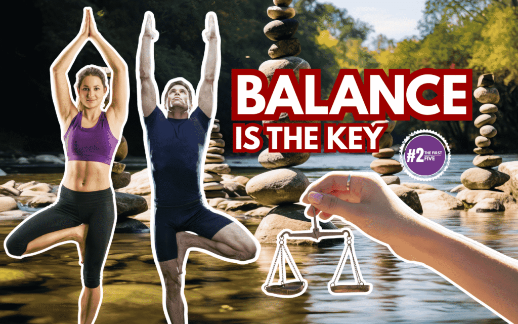 Two people in tree pose by a river with stacked stones and a scale, symbolizing balance.