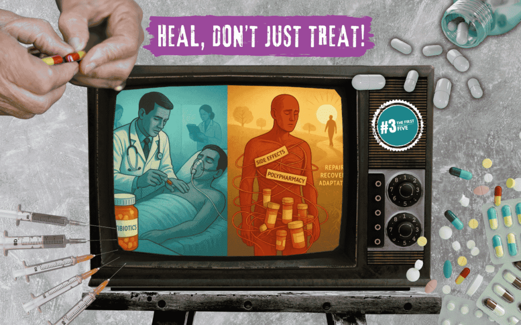 Image showing two sides of medicine—one with a doctor and pills, the other with a person overwhelmed by side effects.