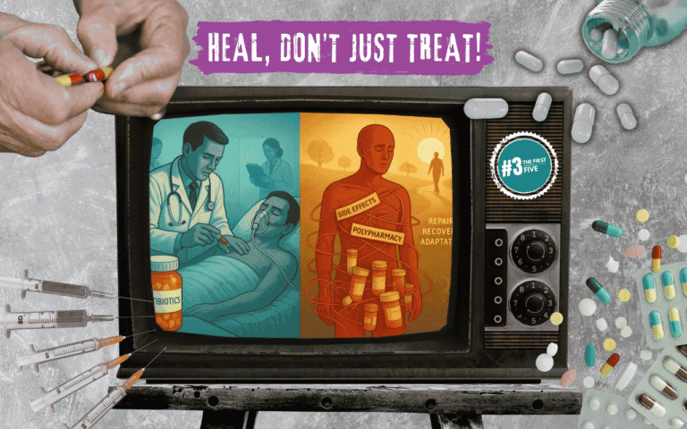 Image showing two sides of medicine—one with a doctor and pills, the other with a person overwhelmed by side effects.