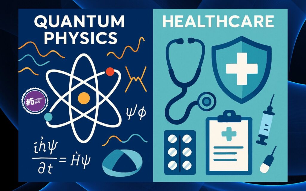 An image showing quantum physics symbols on one side and healthcare tools on the other, highlighting the contrast between science and medicine.