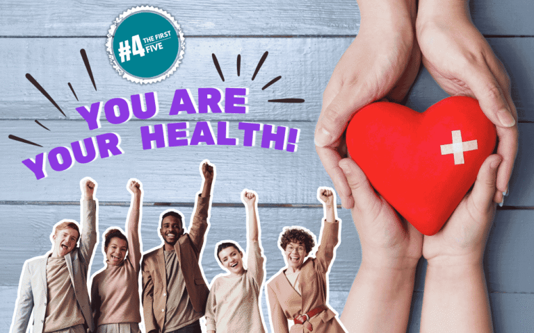 Hands holding a red heart with a medical cross, surrounded by the message 'You Are Your Health!' and five people raising their fists in empowerment.