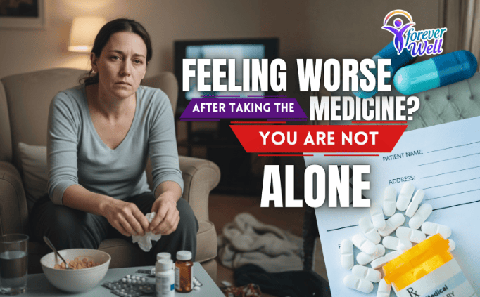 A woman sits pensively in a dim living room with medicine and food on the table, while a nearby prescription form and scattered pills.