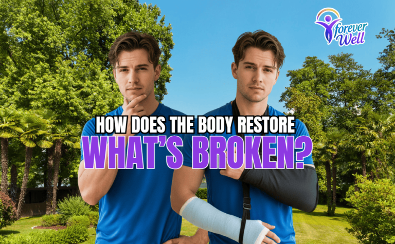 Two men in blue shirts stand in a lush outdoor setting, one thoughtful and the other with an arm in a sling, beneath the question “How does the body restore what’s broken?” and the Forever Well logo.