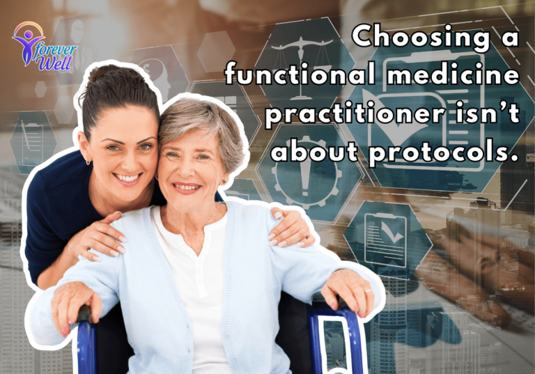 Smiling younger woman embraces an older woman in a wheelchair, with healthcare-themed icons and the Forever Well logo in the background.