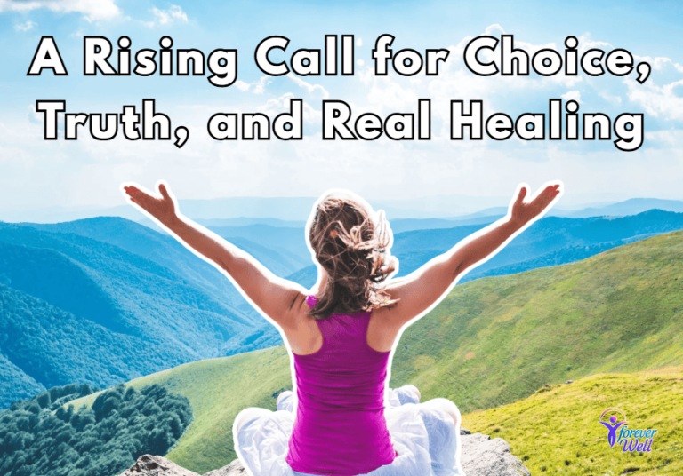 A person in a pink top sits cross-legged on a rocky ledge with arms raised toward a bright mountain horizon, embodying empowerment and the call for truth, choice, and real healing.