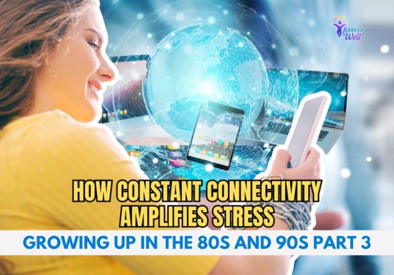 A young person holding a smartphone surrounded by digital devices with a glowing globe symbolizing constant connectivity and stress.