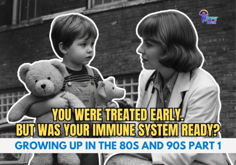 Black and white photo of a child holding teddy bears while talking with a doctor outside a brick building.