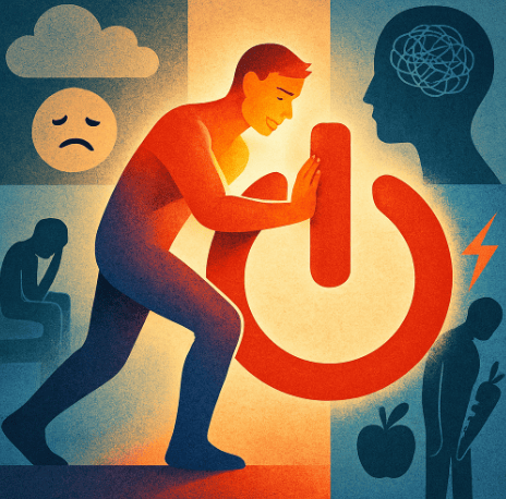 A stylized illustration of a glowing man pushing a large red power button, surrounded by icons representing mental and physical health, such as a sad face, a brain with tangled lines, and healthy food.
