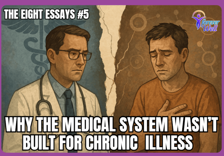 Illustration showing the disconnect between modern medicine and chronic illness, with a doctor and patient separated by a symbolic divide, highlighting systemic limitations in healthcare.