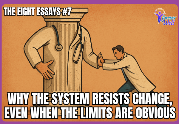 A person in a white lab coat pushes against a classical column with arms and a stethoscope, symbolizing resistance to healthcare reform.