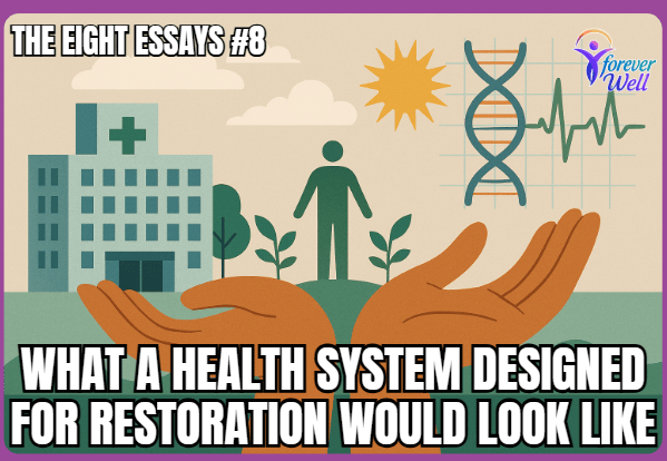 A hospital, DNA strand, plants, and protective hands surround a human figure under the sun, symbolizing a restorative healthcare system.