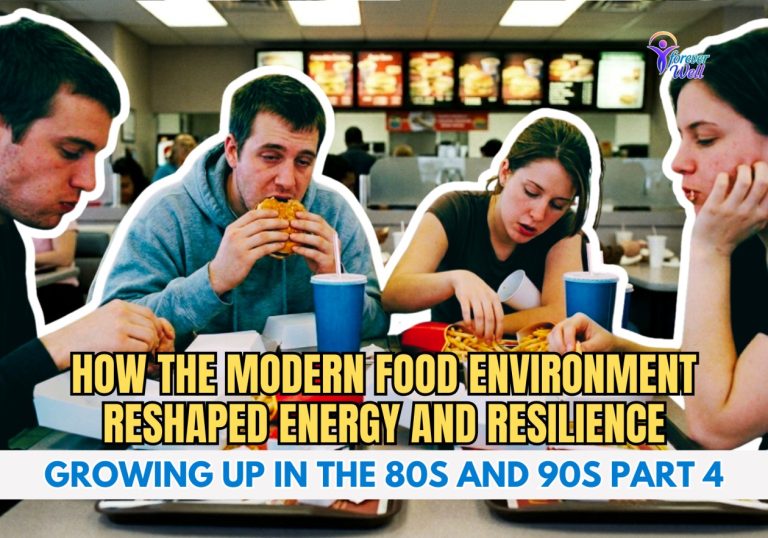A group of young adults eating fast food burgers and fries in a vintage-style restaurant with text overlay discussing the food environment of the 80s and 90s.