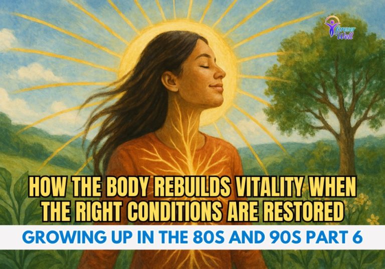 Gemini said An illustration of a woman with a glowing, tree-like nervous system standing in a sunny field, featuring text about rebuilding body vitality and growing up in the 80s and 90s.