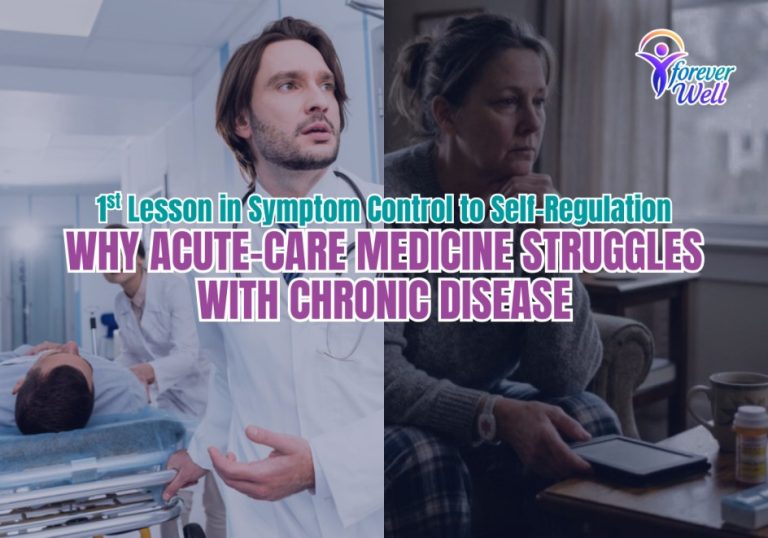 Split illustration contrasting acute-care hospital treatment with chronic disease self-management at home.