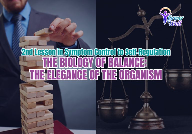 Graphic contrasting balance in health through a Jenga tower and a traditional scale, symbolizing biological self-regulation.