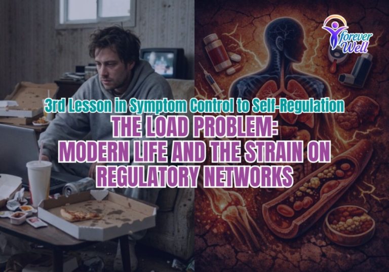 "Split-screen visual showing modern lifestyle strain with fast food clutter and the physiological impact of stress on the body.