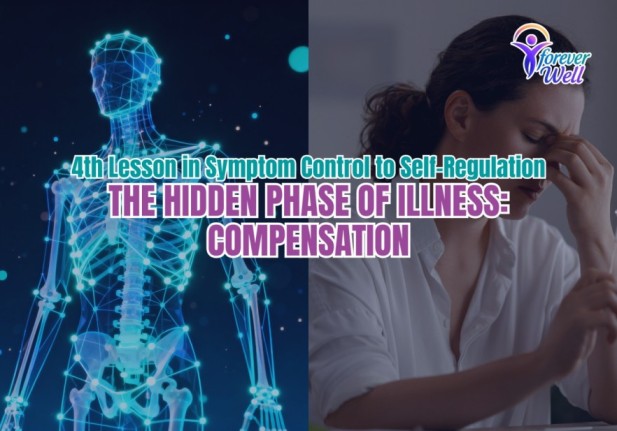 Split image showing a digital human skeletal system on the left and a woman experiencing stress or headache on the right, with text about the hidden phase of illness and compensation.