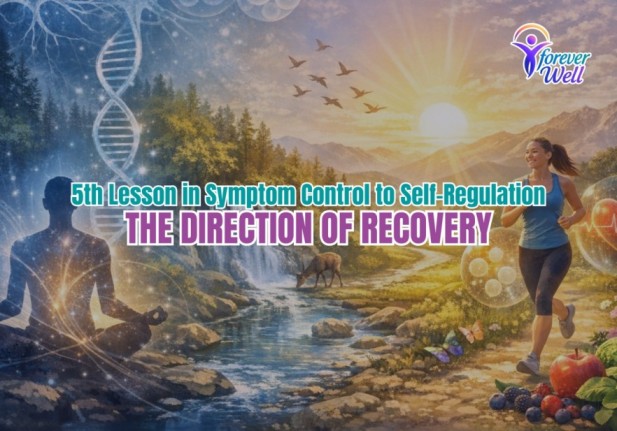 Holistic wellness illustration showing meditation, jogging, nature, and vitality under the theme “The Direction of Recovery” for Forever Well.