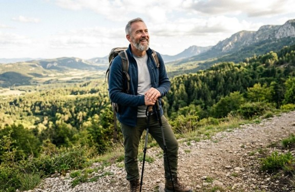 Hiker with backpack and poles on a mountain trail overlooking forests and peaks under a partly cloudy sky.