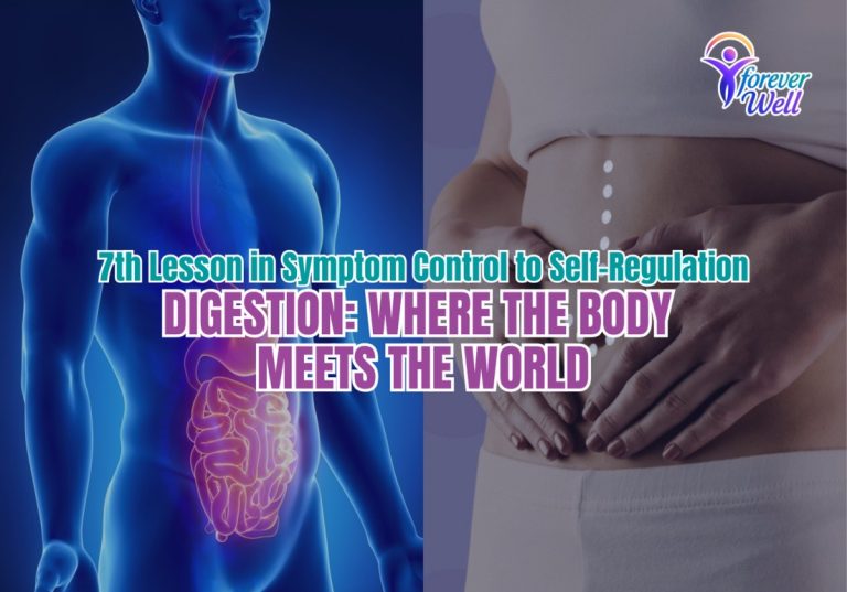 Digestive health illustration with torso diagram and abdominal photo highlighting stomach and intestines