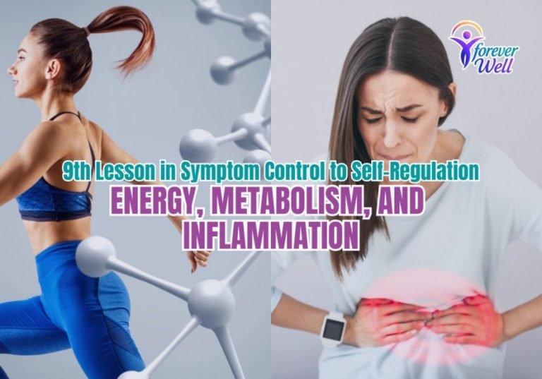 Split graphic showing a person exercising on one side and clutching their abdomen in pain on the other, symbolizing the link between energy, metabolism, and inflammation.