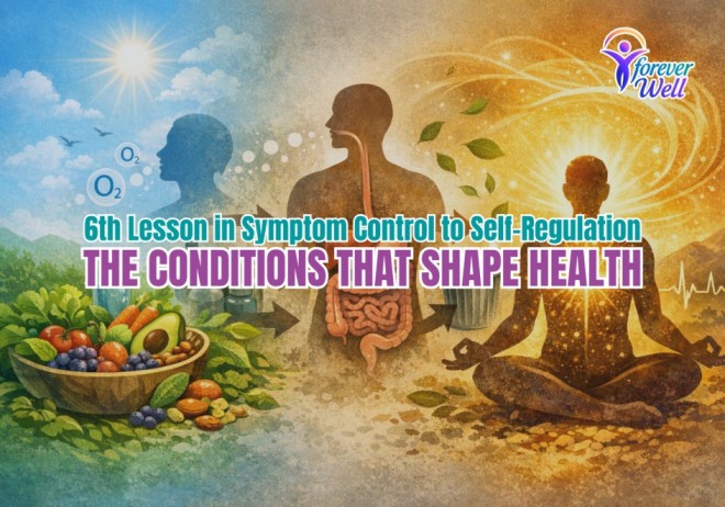 Symbolic health illustration showing nutrition, digestive system, and meditation under the theme “The Conditions That Shape Health” for Forever Well.