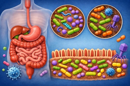 Illustration of human digestive system microbiome