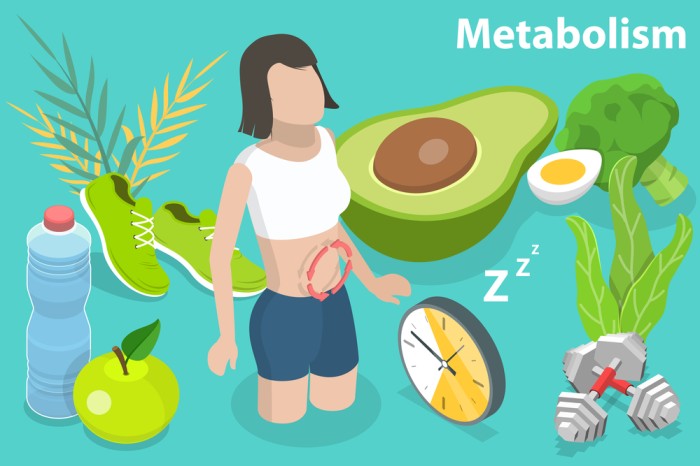 Illustration of a faceless person surrounded by food, exercise, sleep, and hydration symbols, visually representing key factors that influence metabolism.
