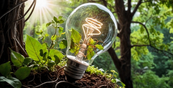 Light bulb among green plants in a sunlit forest, symbolizing renewable energy and sustainability