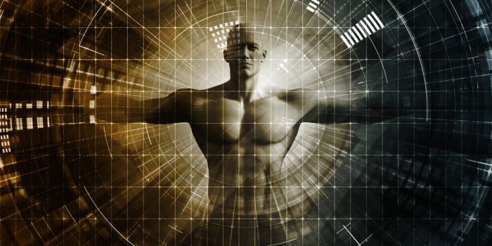 Futuristic illustration of a human body integrated with digital grids and data patterns, representing biohacking, health optimization, and advanced human performance.