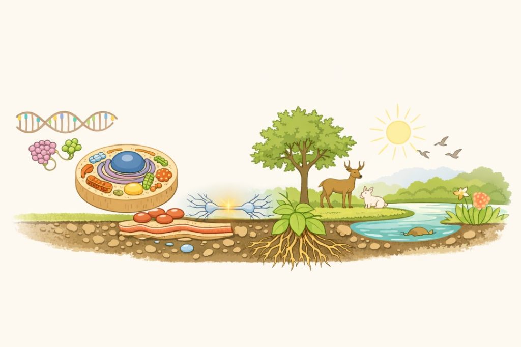 Biology illustration showing DNA, cells, neurons, plants, animals, and ecosystems in nature