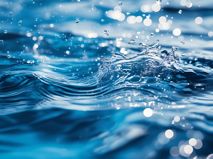Close-up of clear blue water splashing with droplets and ripples in motion