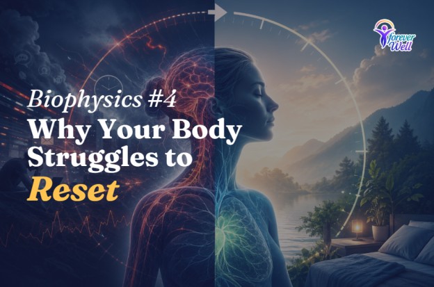Split-image illustration of a person transitioning from neural stress activity to a calm restorative environment