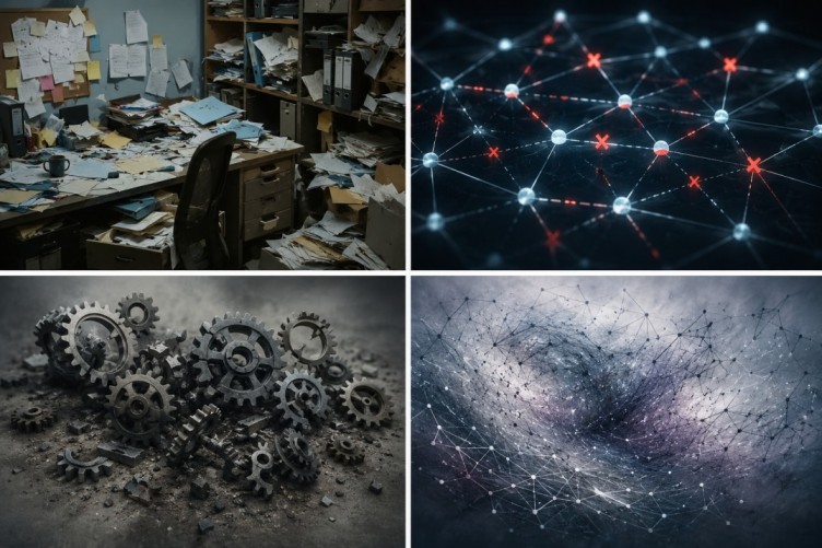 Collage showing cluttered office files, network connections, mechanical gears, and an abstract interconnected system