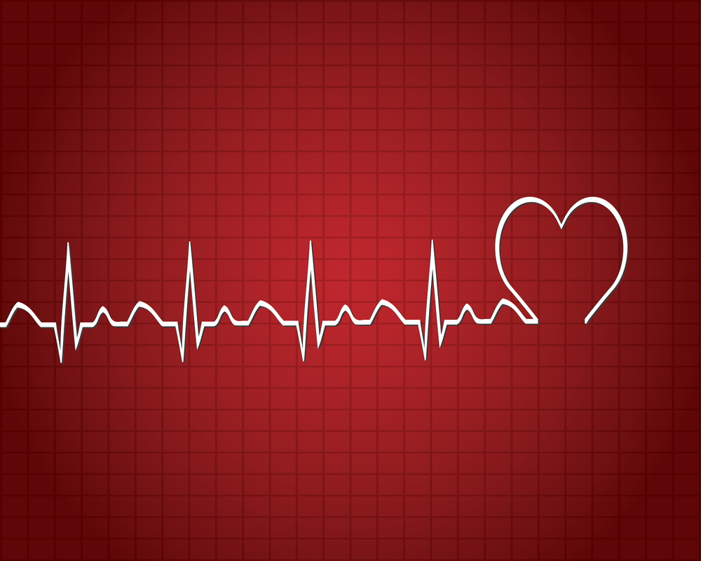 Heartbeat monitor line forming a heart shape on a red medical background
