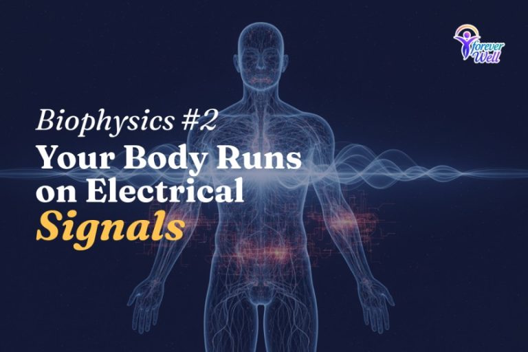 Human body illustration with glowing electrical signals and biophysics educational text on dark background