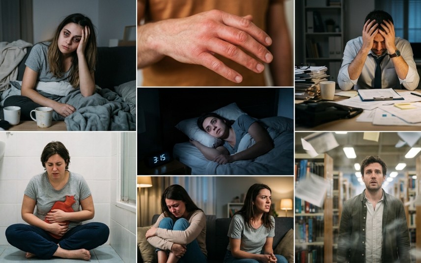 Collage depicting stress, insomnia, anxiety, fatigue, and chronic illness symptoms in adults