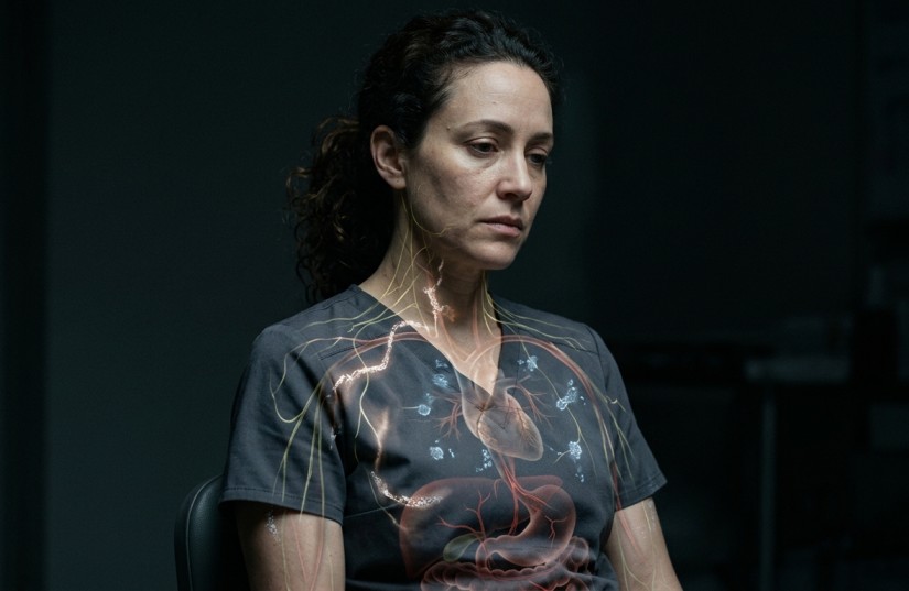 Woman with transparent anatomical overlay showing nervous system and internal organs in dark setting