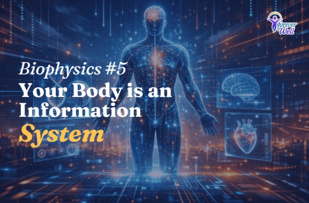 Digital human body with glowing brain and heart in a futuristic biophysics information system visualization