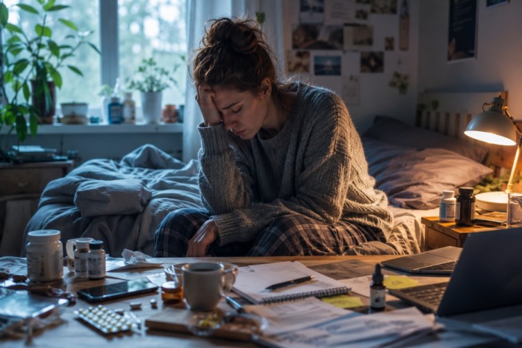 Woman sitting on a bed looking distressed, surrounded by medications, paperwork, and a laptop in a dimly lit room