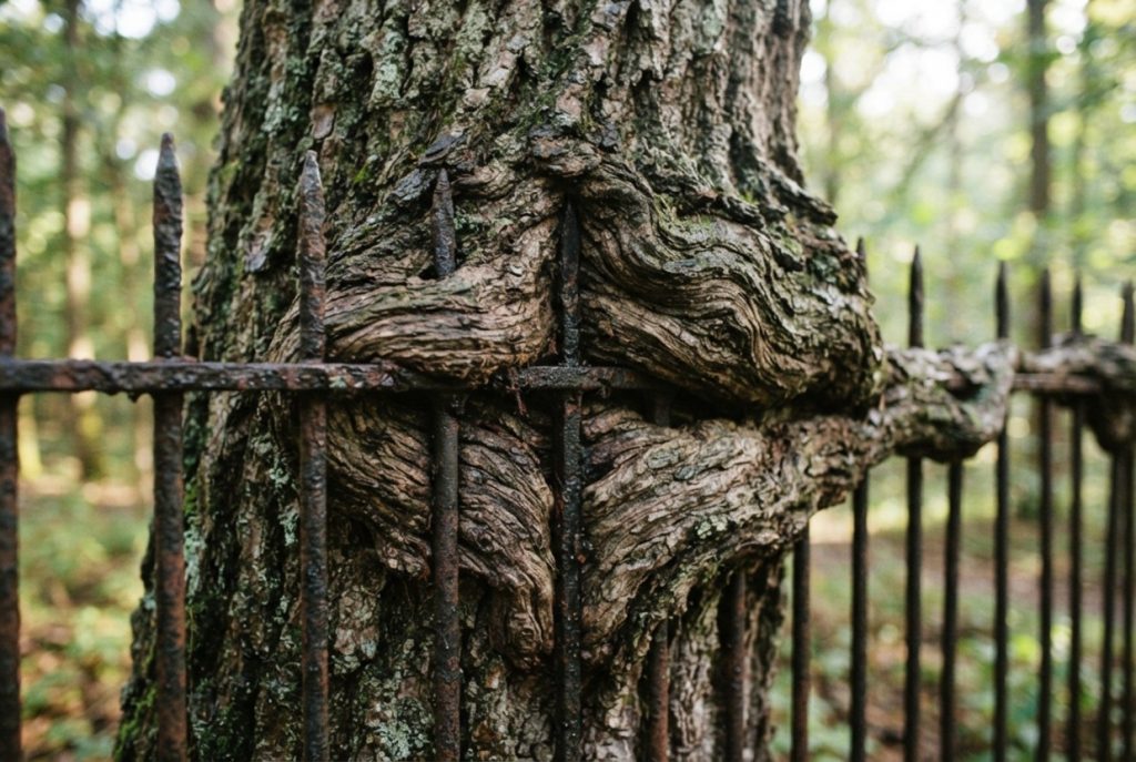 Tree trunk growing around an old iron fence, illustrating how living systems adapt and reshape around persistent constraints.