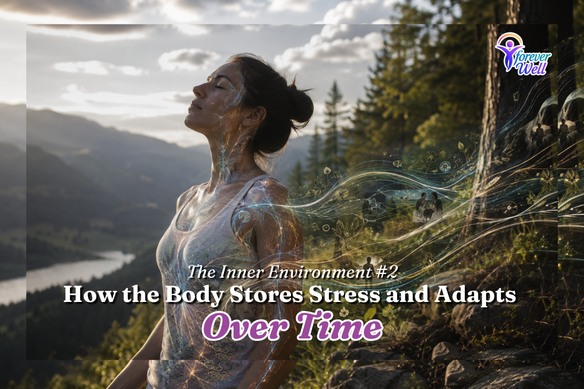 Woman in nature with glowing organic pathways symbolizing how the body stores stress and adapts through life experiences.